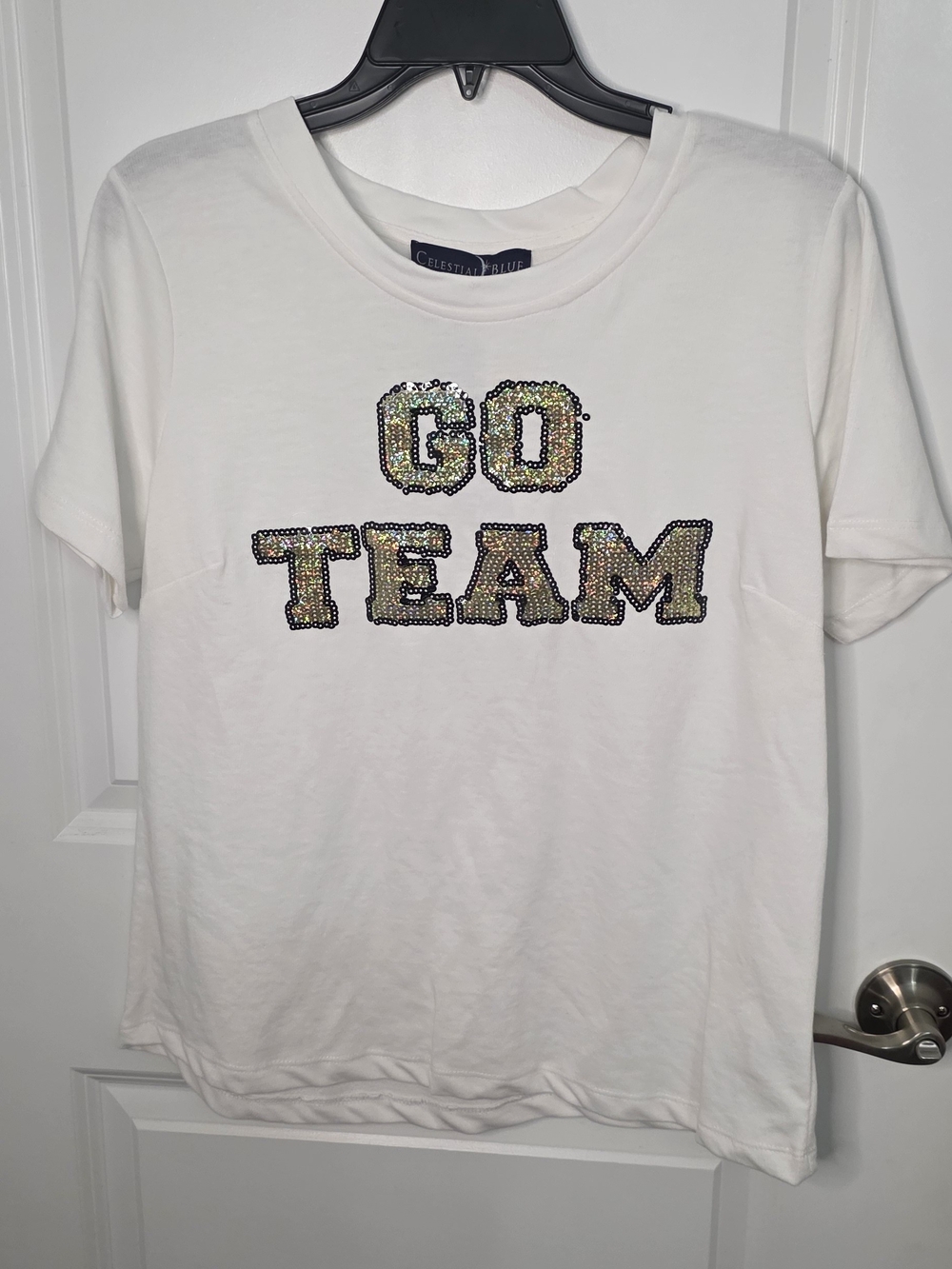 White Short Sleeve 'GO TEAM' Sequin Tee